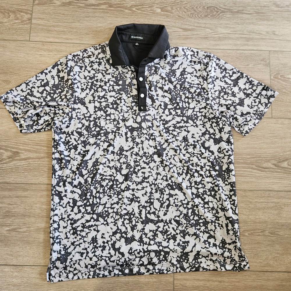Byrdgang Mens Splatter Print Performance Golf Polo Shirt Black White Size M